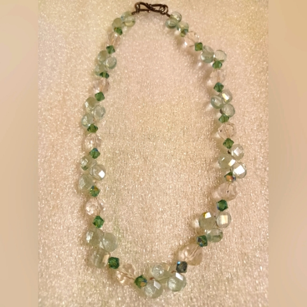 Simulated Aquamarines Necklace With White And Green Beads-16"
